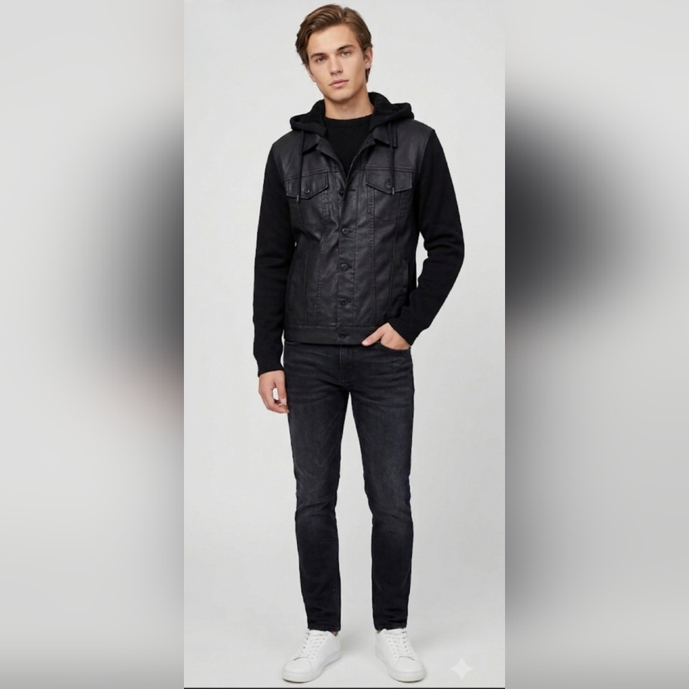 GUESS NWOT Black Coated Denim Hooded Jacket Rakim Leather Look | Size L​